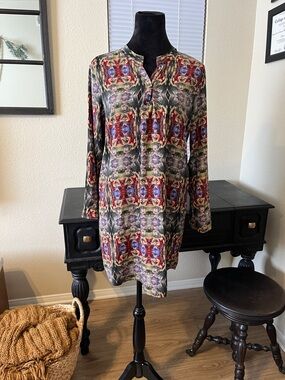 Orange Caramel Abstract Kaleidoscope Tunic Dress Multicolor Long Sleeve